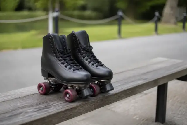Paire de patins à roulettes à quatre roues posée sur un banc en bois, lumière douce, sans personne