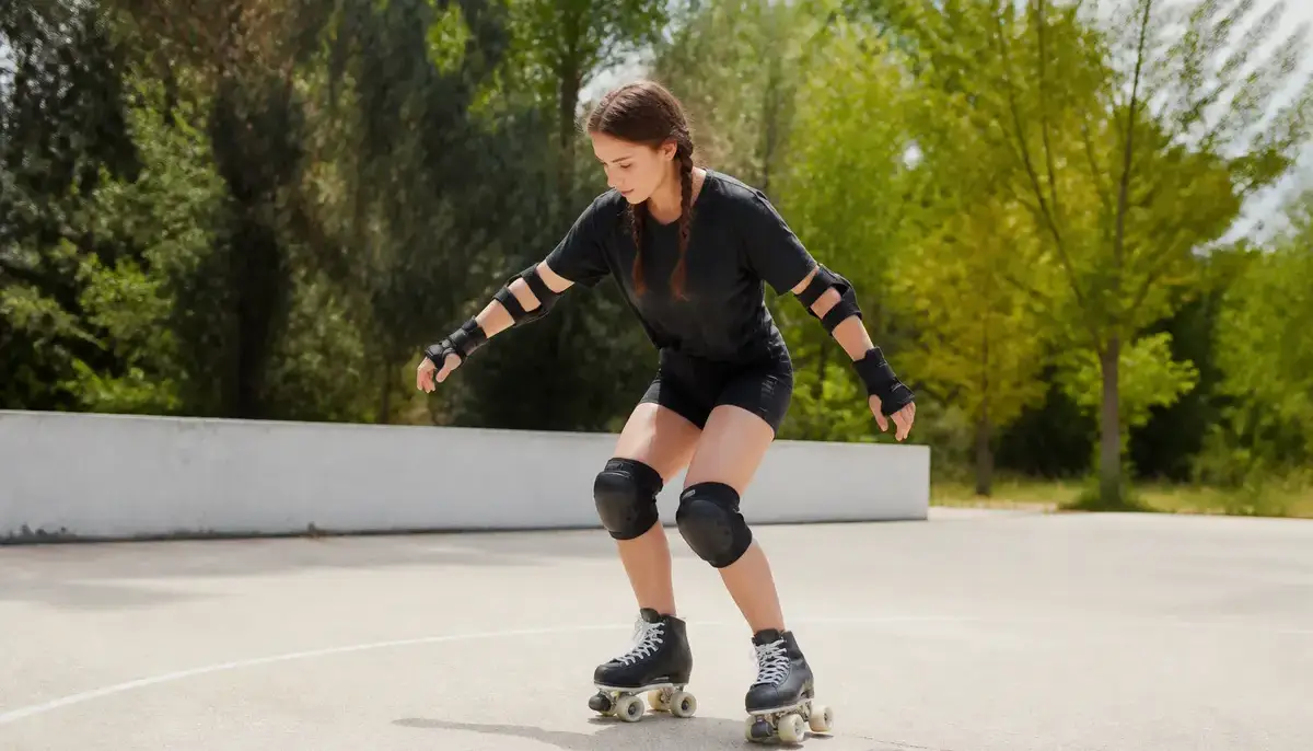 Femme apprenant à faire du roller à 4 roues sur un terrain extérieur sécurisé