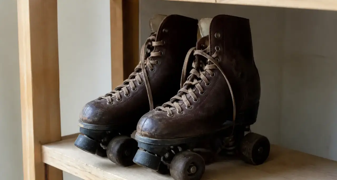 Paire de patins à roulettes quad anciens en cuir patiné posés sur une étagère en bois clair, sans marque ni inscription, lumière douce