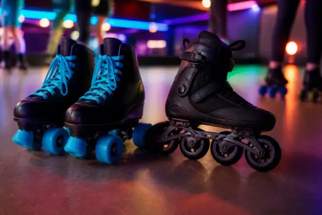 Patins à roulettes à quatre roues vifs posés sur un sol de salle à côté d’un patin à roues alignées, lumière néon douce
