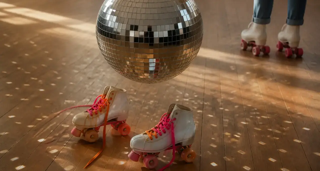 Boule à facettes suspendue au-dessus d’un parquet clair où sont posés des patins à roulettes quad aux lacets colorés, lumière chaude