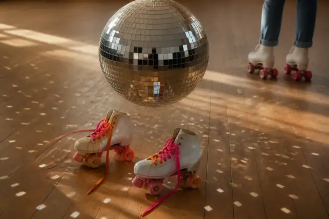 Boule à facettes suspendue au-dessus d’un parquet clair où sont posés des patins à roulettes quad aux lacets colorés, lumière chaude