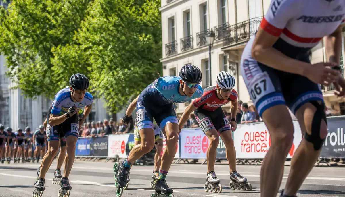 Patineurs en course pendant un marathon roller dans une rue arborée en ville
