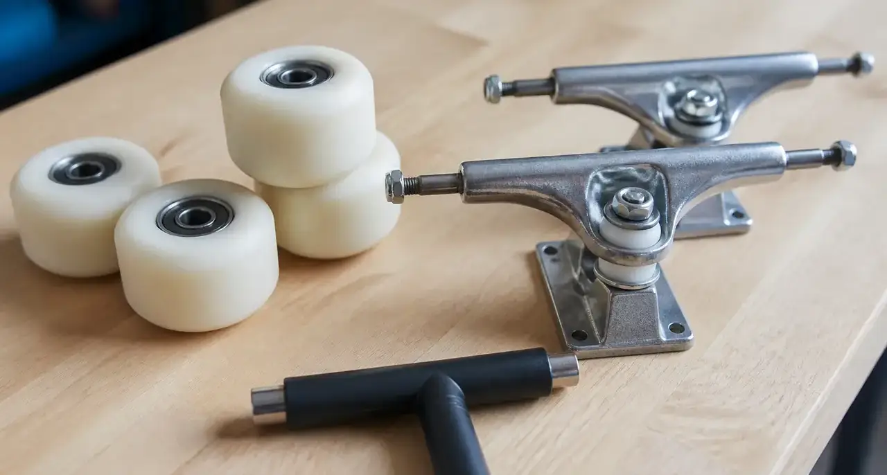 Roues de patin, platine et clé en T posées sur un établi en bois clair, vue rapprochée, lumière douce