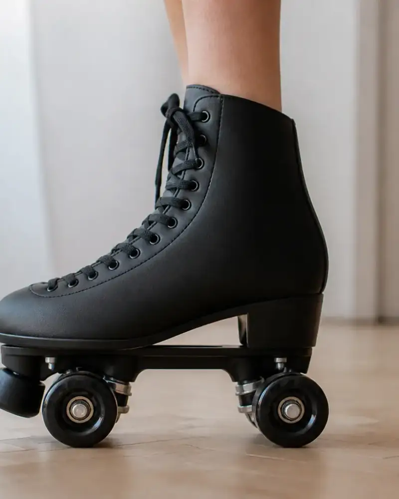 Botte de patin à roulettes montante vue de côté, lacets serrés, fixée sur une platine, sur un parquet clair