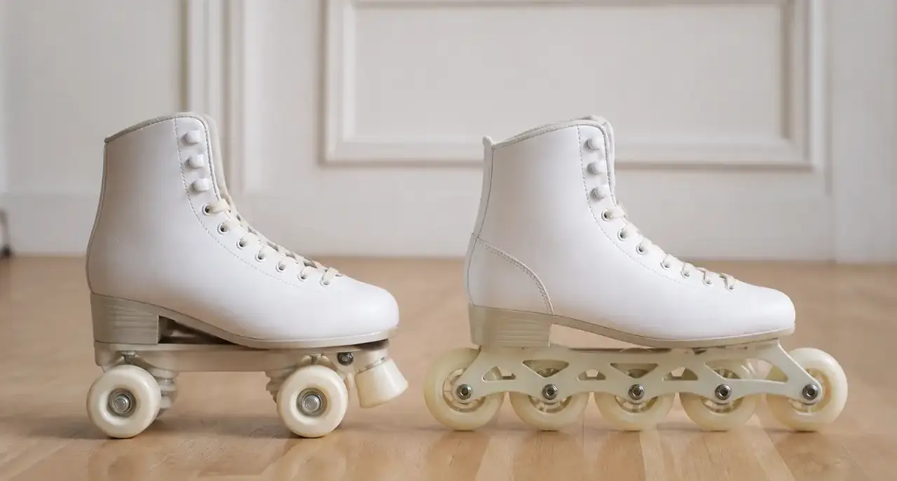 Un patin à roulettes quad et un patin en ligne posés côte à côte sur un parquet clair, vus de profil, sans marque ni logo