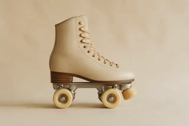 Patin à roulettes à quatre roues réparties en deux paires, botte en cuir clair, posé en vue de côté sur un fond de papier crème