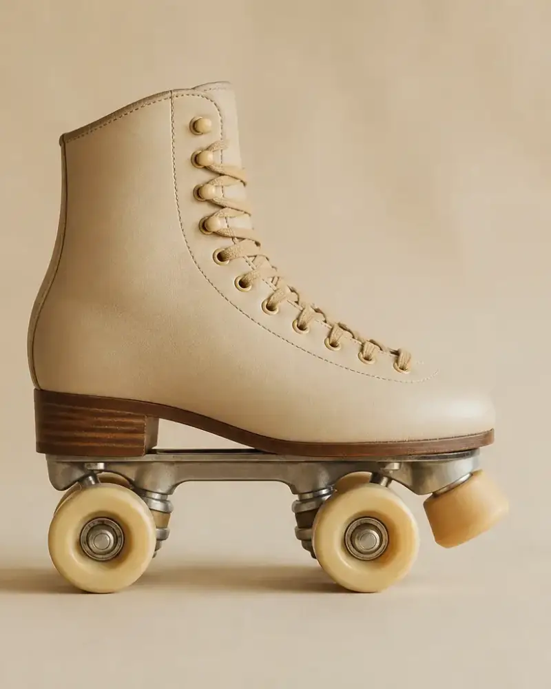 Patin à roulettes à quatre roues réparties en deux paires, botte en cuir clair, posé en vue de côté sur un fond de papier crème