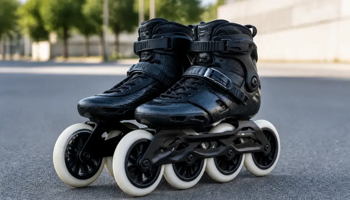 Patins noirs sur asphalte pour pratique du roller de vitesse en extérieur