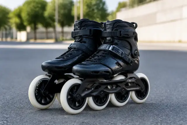 Patins noirs sur asphalte pour pratique du roller de vitesse en extérieur