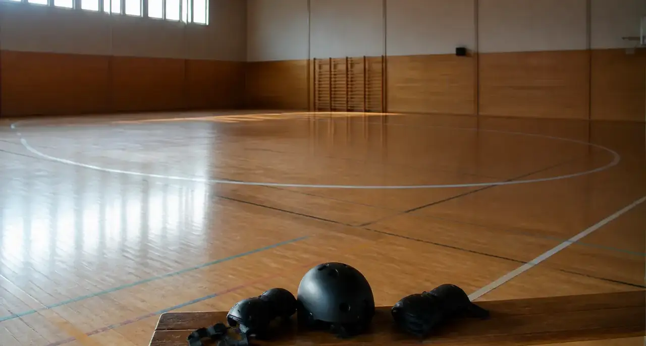 Piste ovale de roller derby vide, lignes tracées au sol d’un gymnase, casque et protections posés sur un banc en bois