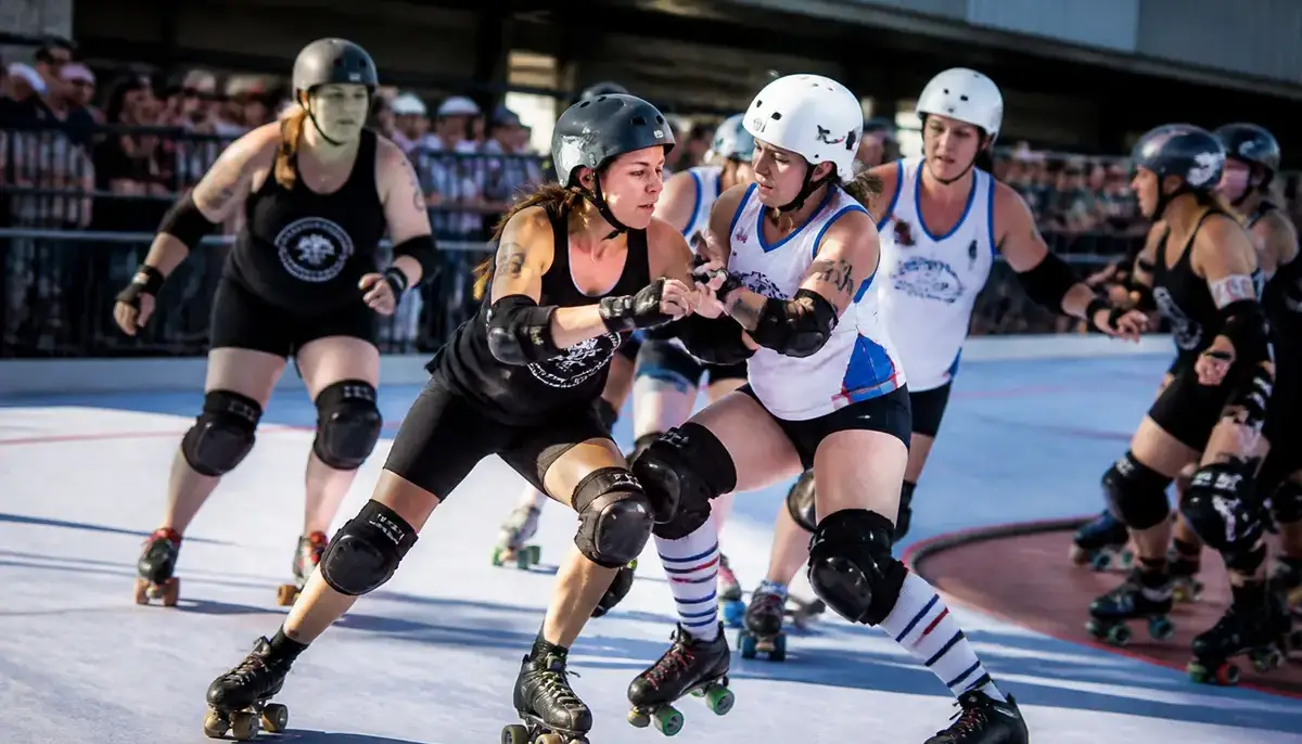 Femmes disputant un match intense de roller derby, casques et protections portées