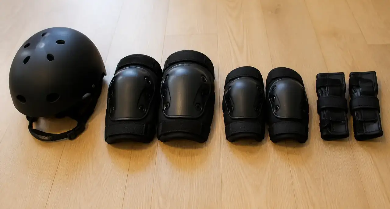 Casque, genouillères, coudières et protège-poignets rangés côte à côte sur un parquet clair, sans marque ni inscription, lumière douce