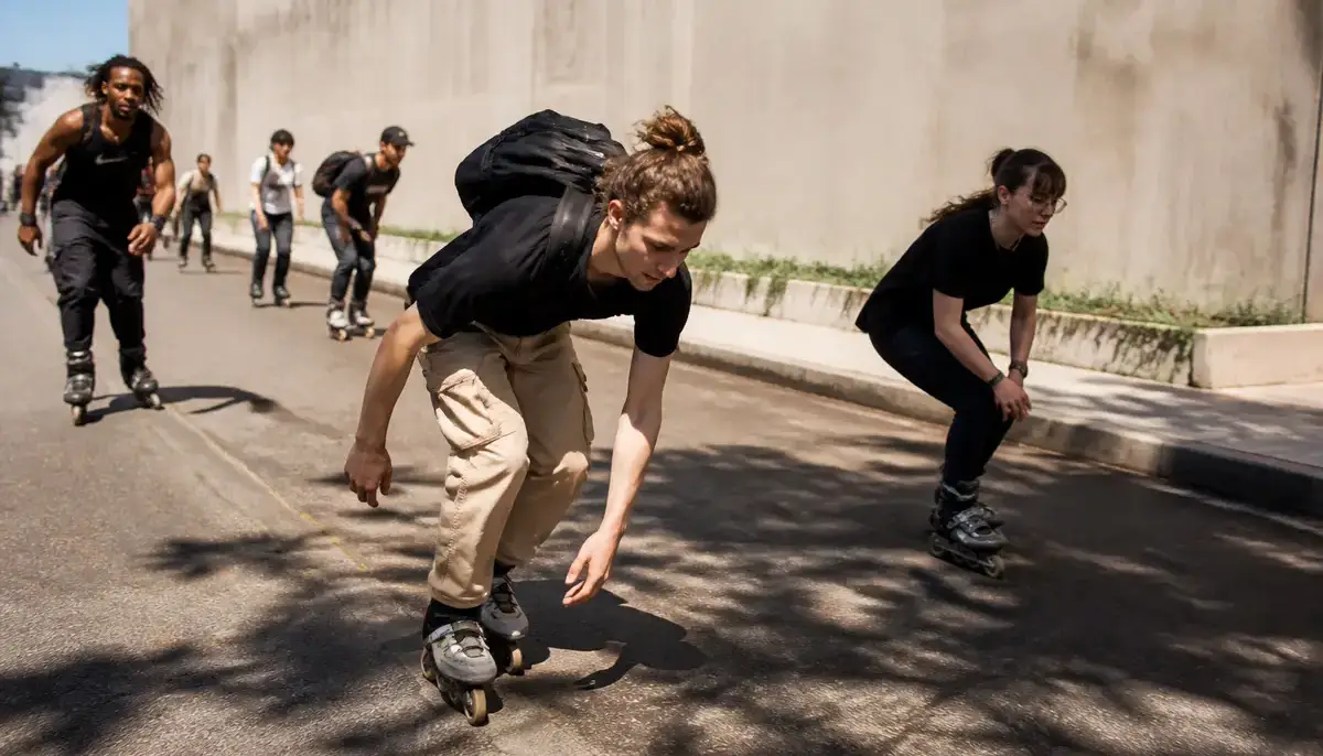 Groupe de jeunes pratiquant le sport en roller sur une route urbaine